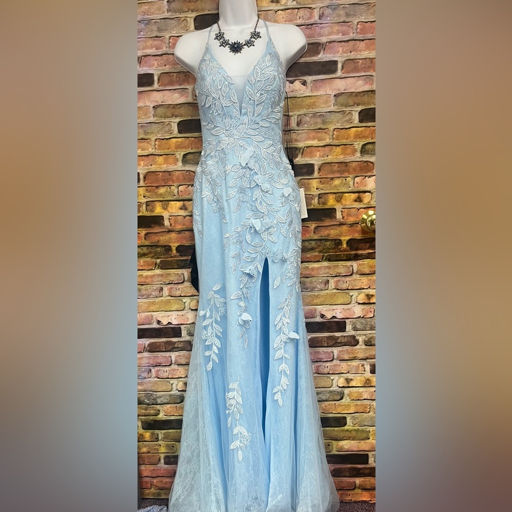 Alyce Paris Blue Halter Slit Maxi Gown